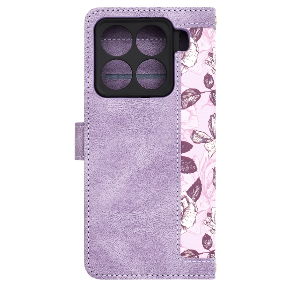 Husa pentru Xiaomi 15 Pro din Piele Ecologică cu Design Floral, Protecție 360°, Stand Integrat, Buzunare pentru Carduri, SKDR Floral Wallet - Mov - 3 | YEO