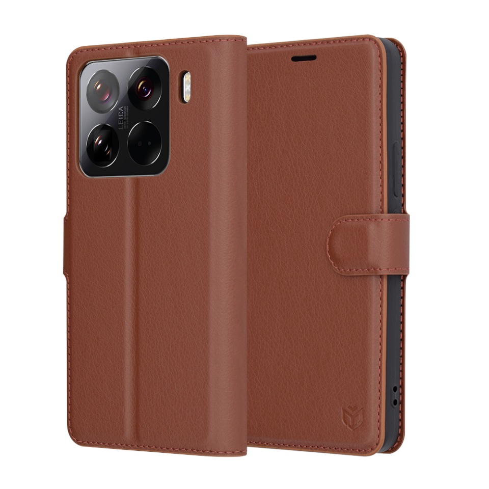 Husa pentru Xiaomi 15 Pro, SKYDDAR INNOVATION, Leather Folio tip Carte, cu Portofel Interior, Finisaje Premium, set cu sticker, Maro