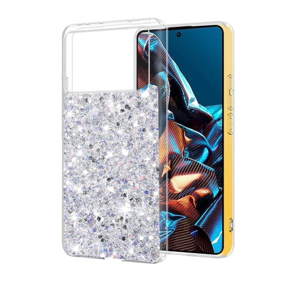 Husa pentru Xiaomi Poco X6 Pro , Fundal Detasabil, din Silicon cu Sclipici, Design Stralucitor, Protectie Completa - Alb