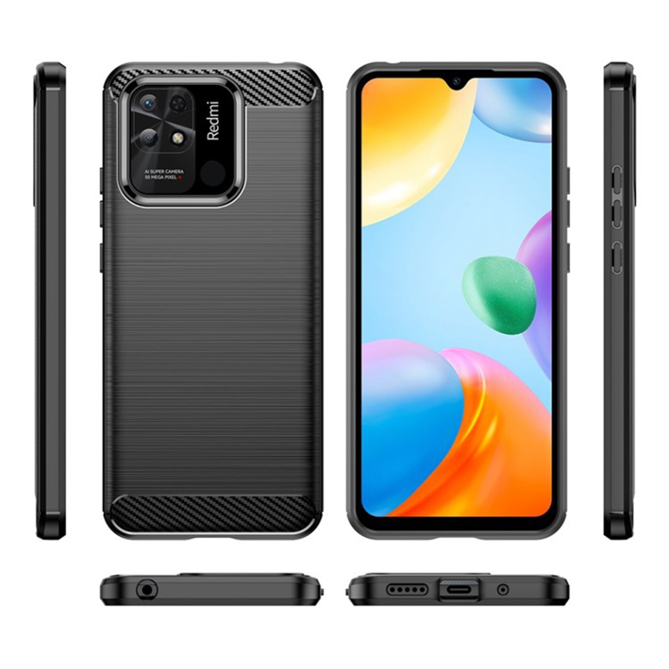 Husa pentru Xiaomi Redmi 10C, SKYDDAR INNOVATION, Carbon Silicone, din Silicon Slim, cu textura Fibra Carbon, set cu sticker, Negru - 1 | YEO