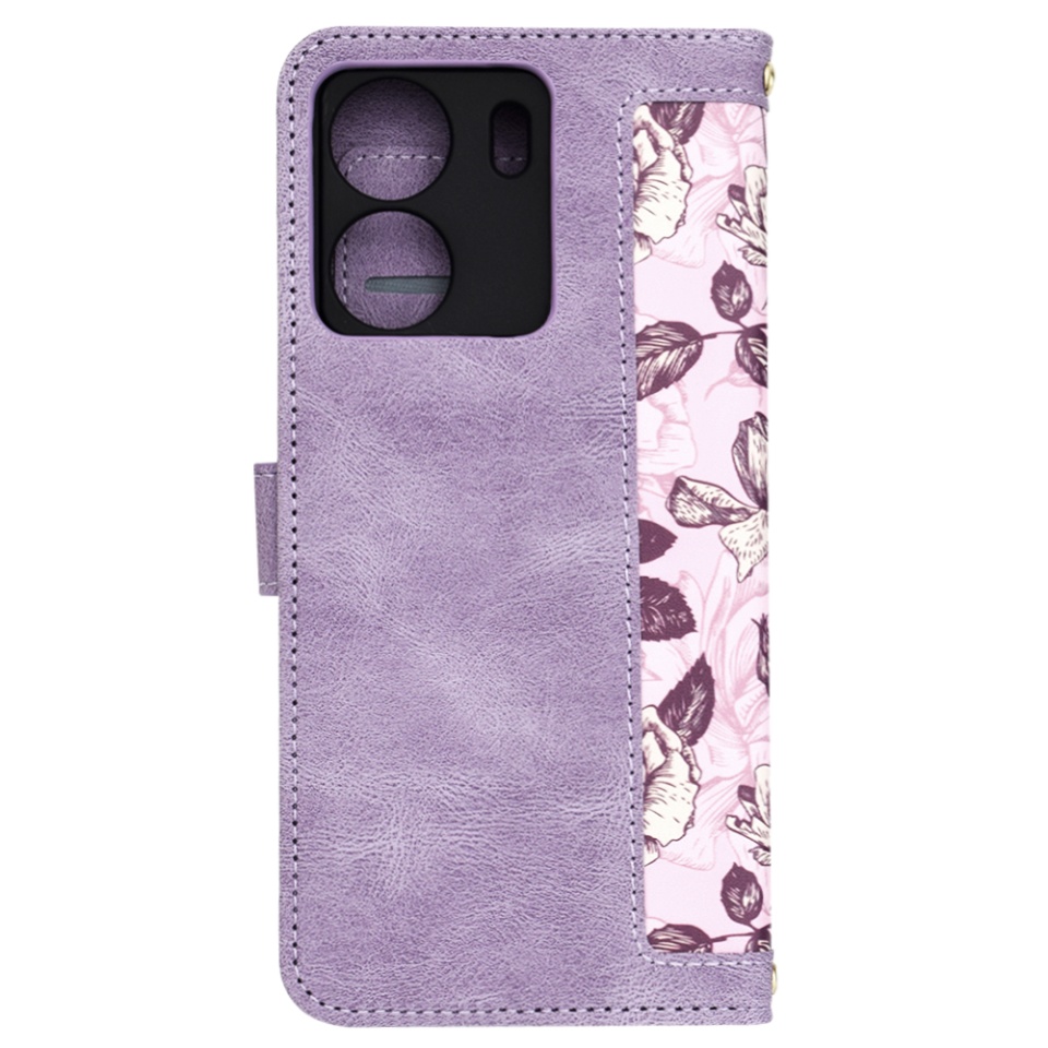 Husa pentru Xiaomi Redmi 13C 4G / Poco C65 din Piele Ecologică cu Design Floral, Protecție 360°, Stand Integrat, Buzunare pentru Carduri, SKDR Floral Wallet - Mov - 3 | YEO
