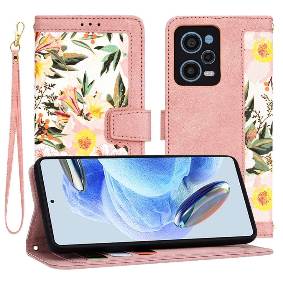 Husa pentru Xiaomi Redmi Note 12 Pro 5G din Piele Ecologică cu Design Floral, Protecție 360°, Stand Integrat, Buzunare pentru Carduri, SKDR Floral Wallet - Roz