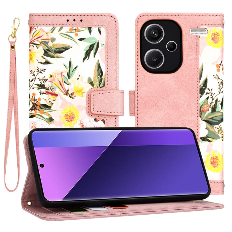 Husa pentru Xiaomi Redmi Note 13 Pro+ 5G din Piele Ecologică cu Design Floral, Protecție 360°, Stand Integrat, Buzunare pentru Carduri, SKDR Floral Wallet - Roz