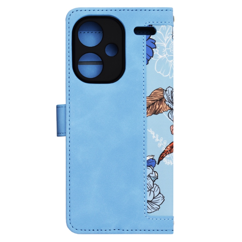 Husa pentru Xiaomi Redmi Note 13 Pro+ 5G din Piele Ecologică cu Design Floral, Protecție 360°, Stand Integrat, Buzunare pentru Carduri, SKDR Floral Wallet - Bleu - 3 | YEO