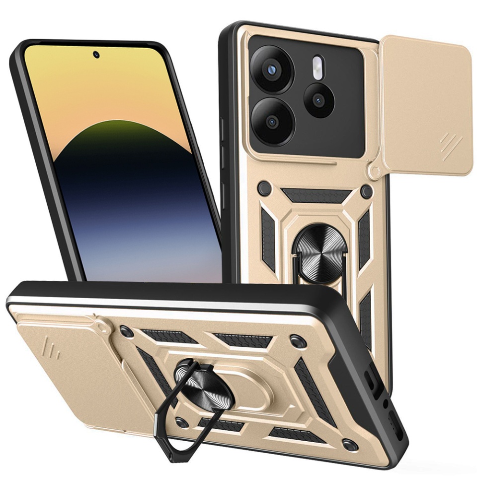 Husa pentru Xiaomi Redmi Note 14 5G, SKYDDAR INNOVATION, CamShield, Inel magnetic, set cu sticker, Auriu