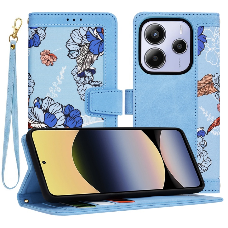 Husa pentru Xiaomi Redmi Note 14 5G, SKYDDAR INNOVATION, Flipcraft din Piele Ecologică, Stand Integrat, Buzunare pentru Carduri, set cu sticker, Bleu
