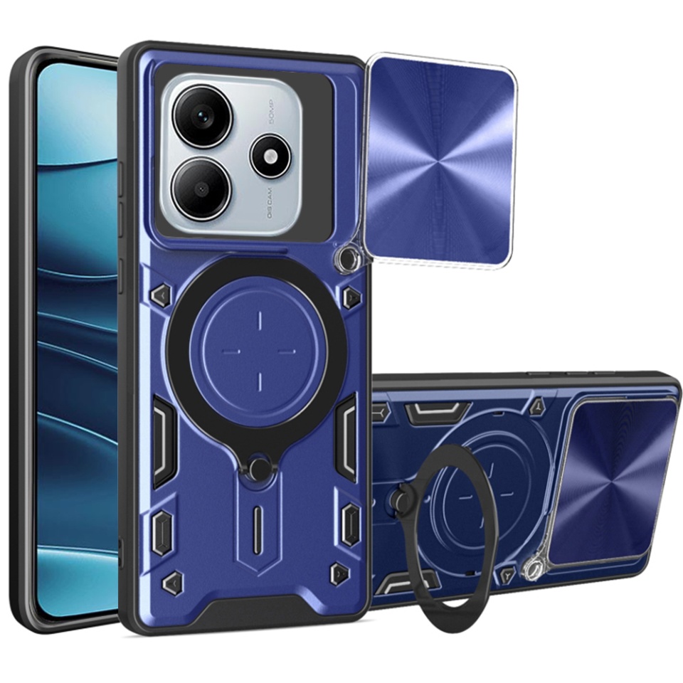 Husa pentru Xiaomi Redmi Note 14, cu inel magnetic si suport ajustabil, protectie completa camera, SKDR SafeCover - Albastru