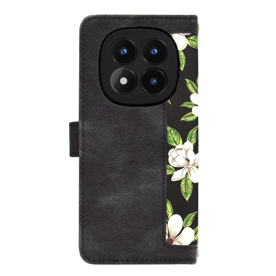 Husa pentru Xiaomi Redmi Note 14 Pro 4G / Poco F7, SKYDDAR INNOVATION, Floral Wallet, din Piele Ecologică cu Design Floral, Protecție 360°, Stand Integrat, Buzunare pentru Carduri, Negru, set cu sticker - 2 | YEO