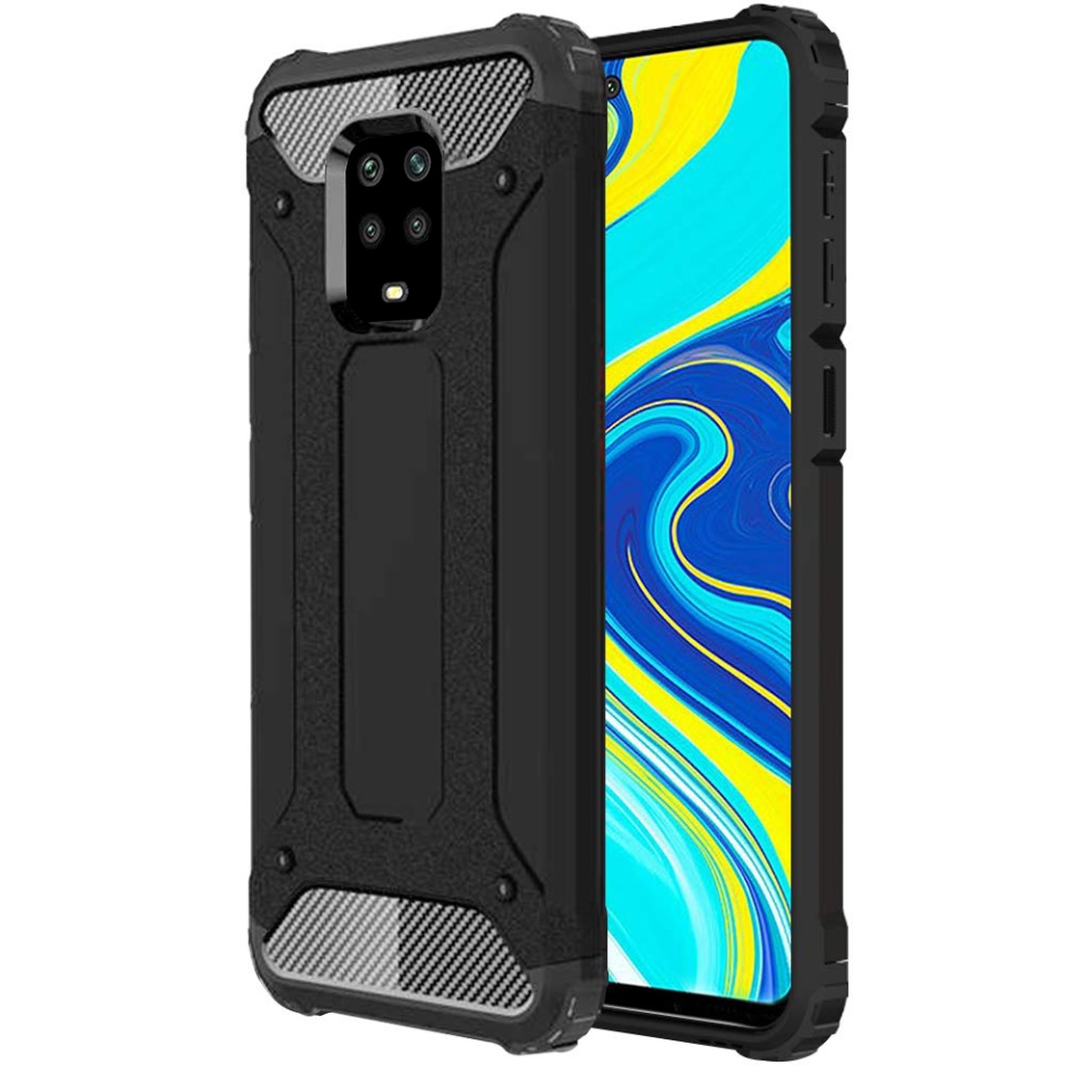 Husa pentru Xiaomi Redmi Note 9 Pro / Redmi Note 9S / Redmi Note 9 Pro Max, SKYDDAR INNOVATION, Hybrid Armor, din Plastic Dur, Margini Cauciucate, Antisoc, set cu sticker, Negru