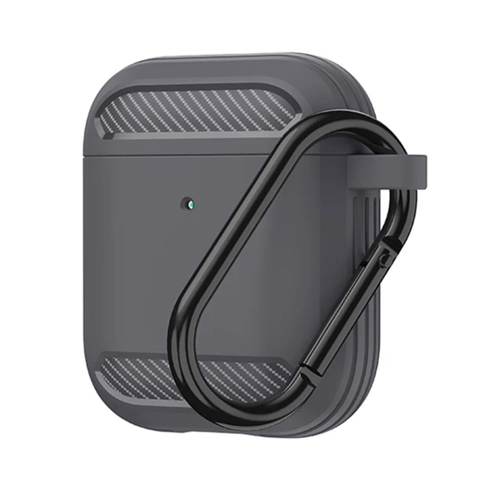 Husa Protectie pentru AirPods 1 / AirPods 2, din Fibra de Carbon Silicon, cu Breloc Carabina, Incarcare Wireless, EarSafe - Gri