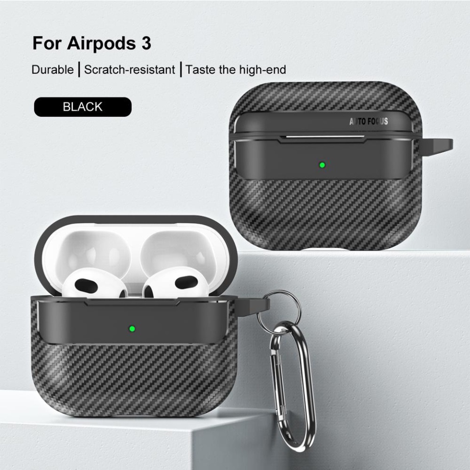 Husa Protectie pentru AirPods 3, din Fibra de Carbon, cu Breloc Carabina, Incarcare Wireless, EarSafe - Negru - 1 | YEO