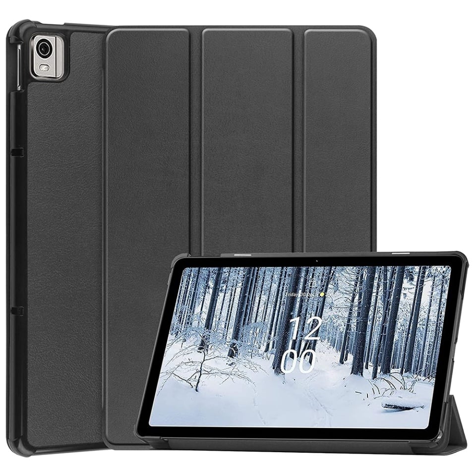 Husa tableta pentru Nokia T21, SKYDDAR INNOVATION, cu suport Multi-Unghi si functie Sleep/Wake, FoldPro, Negru, set cu sticker