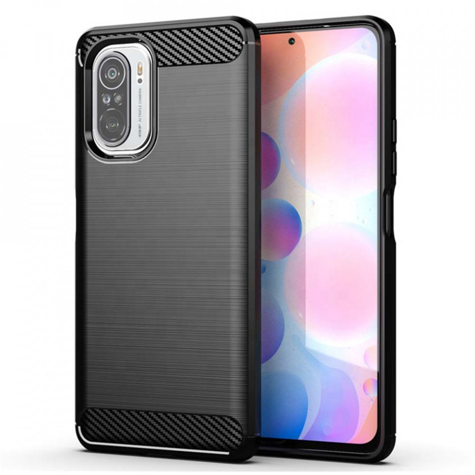 Husa Xiaomi Poco F3 din silicon, Slim, cu textura Fibra Carbon - Negru