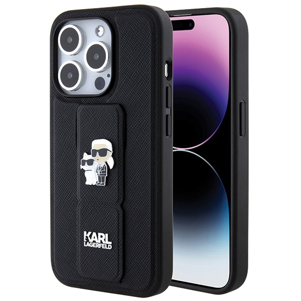 Huse pentru iPhone 14 Pro, Karl Lagerfeld, Saffiano Gripstand, Negru