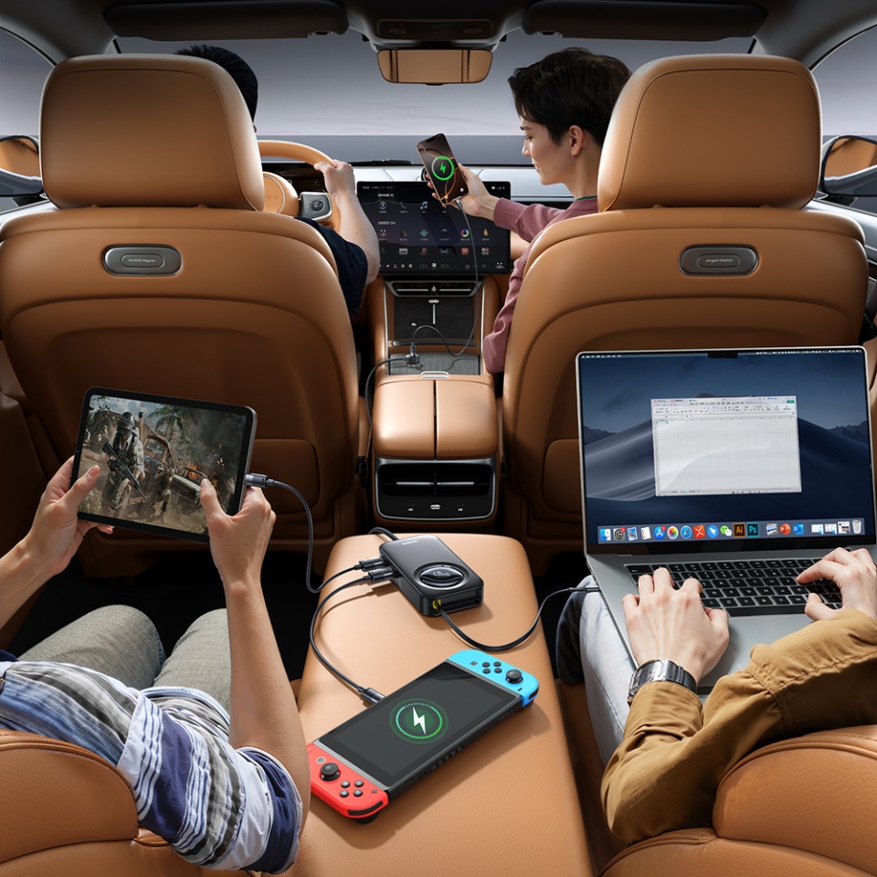 Incarcator Auto 105W, 3x USB-A, 3x Type-C, cablu retractabil 60W, Fast Charge, Baseus PrimeTrip VW1, Negru - 1 | YEO