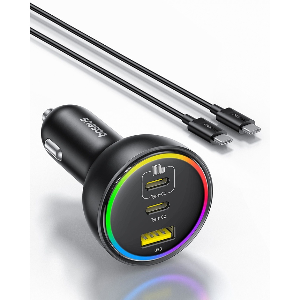 Încărcător Auto 152.5W, 2x Type-C, 1x USB-A, cablu USB-C inclus, iluminare RGB, Baseus C00036101111, Cluster Black - 2 | YEO