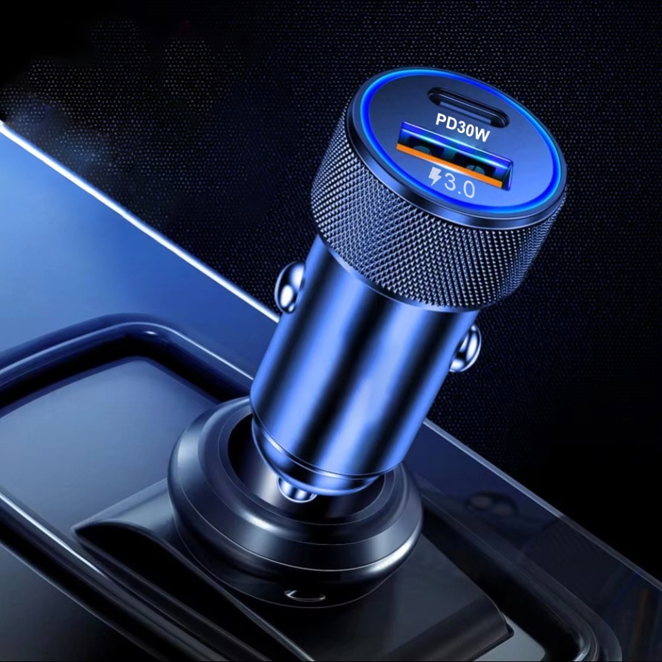Incarcator Auto Fast Charge PD 30W, QC 3.0, Type-C, USB, Lumini LED, Skyddar VoltDuo, set cu sticker, Negru - 2 | YEO