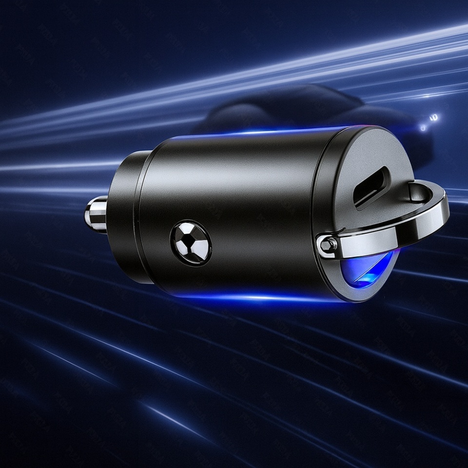 Incarcator Auto Fast Charge Type-C 30W, Desing Mini, Inel, Skyddar NanoVolt , set cu sticker, Negru - 3 | YEO