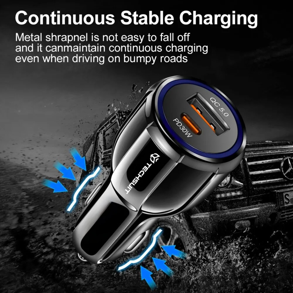 Incarcator auto Fast Charge, USB-C PD30W, Type-C PD30W, 60W, Techsuit TE-022 - Negru - 2 | YEO