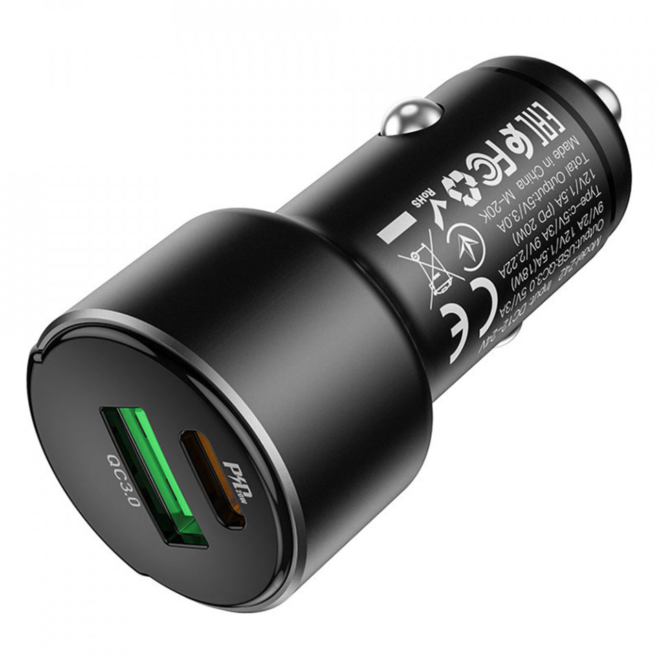 Incarcator auto (Z42 Light Road), USB-A, USB Type-C, QC 3.0, PD 20W, 3A, HOCO - Negru - 2 | YEO