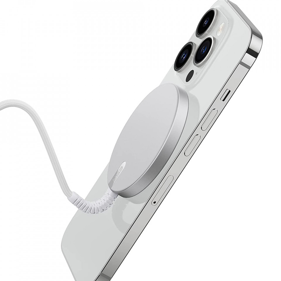 Incarcator Mini Wireless, prindere magnetica, cablu Nylon, ESR - Argintiu