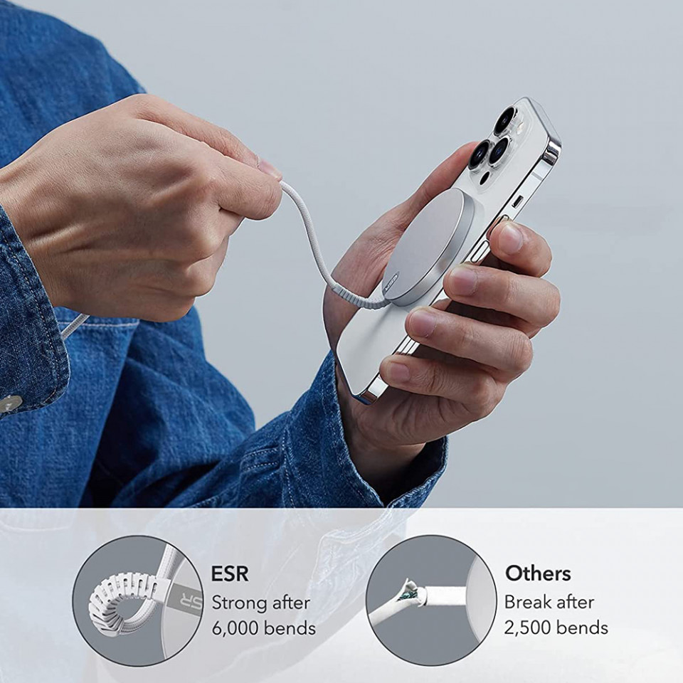 Incarcator Mini Wireless, prindere magnetica, cablu Nylon, ESR - Argintiu - 3 | YEO