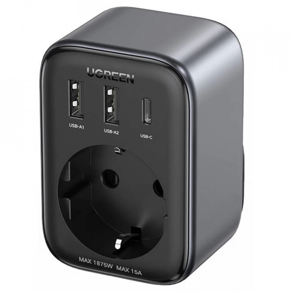 Incarcator Priza EU, 2x USB, Type-C la US, Fast Charging, 30W - Ugreen (15289) - Black - 1 | YEO
