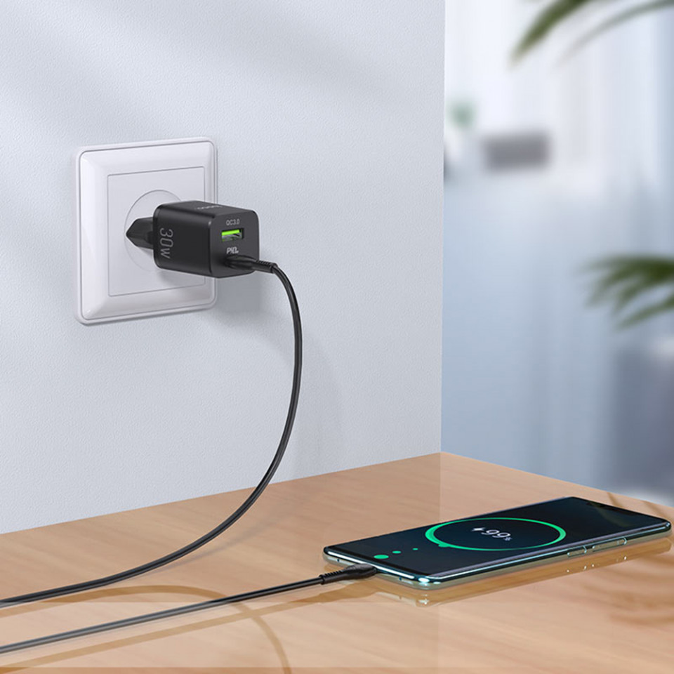 Incarcator priza (N13 Bright), USB-A, USB Type-C, Q.C 3.0, PD 30W, 3.0A, HOCO - Negru - 3 | YEO