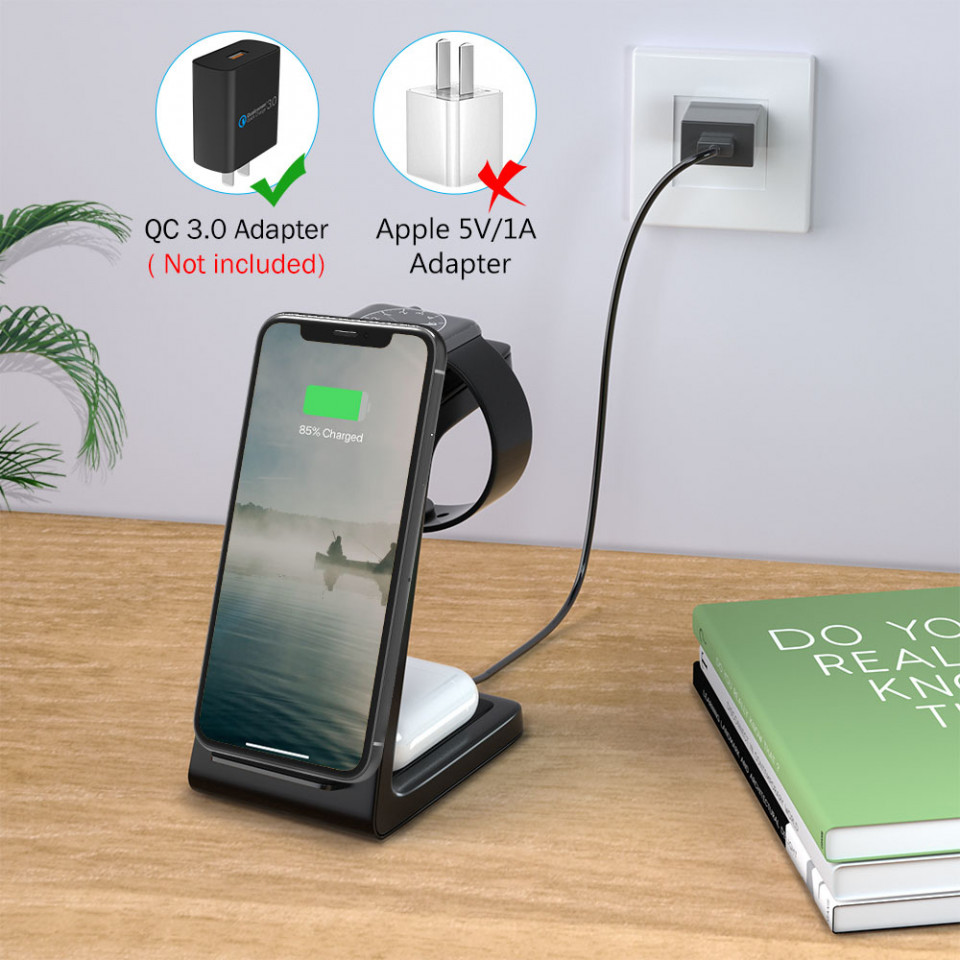 Incarcator Wireless 3in1 iPhone, AirPods si Apple Watch 10W cu cablu, Techsuit - Negru - 2 | YEO