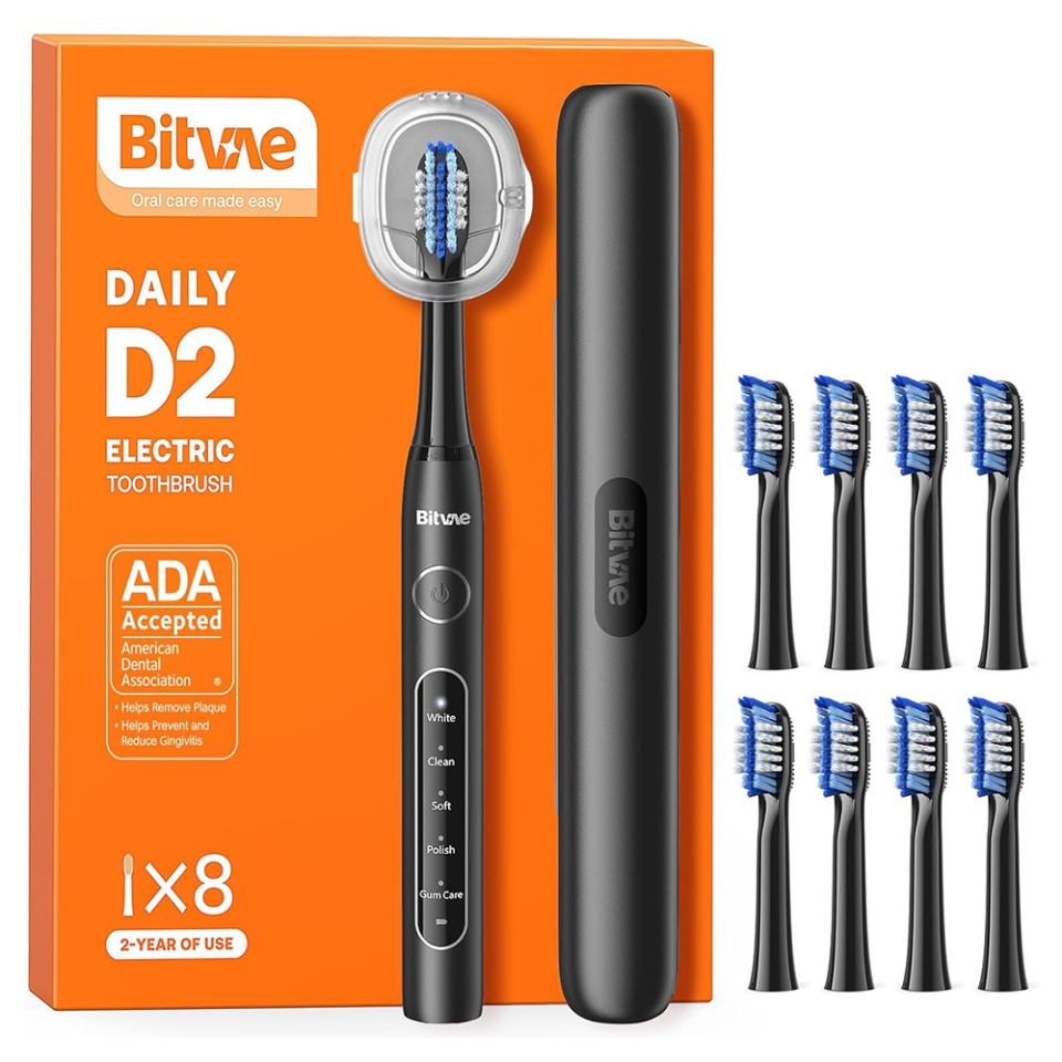 Periuta de dinti electrica Bitvae cu tehnologie ultrasonica, 5 moduri, 8 capete, baterie 60 zile, suport si husa, D2, Negru