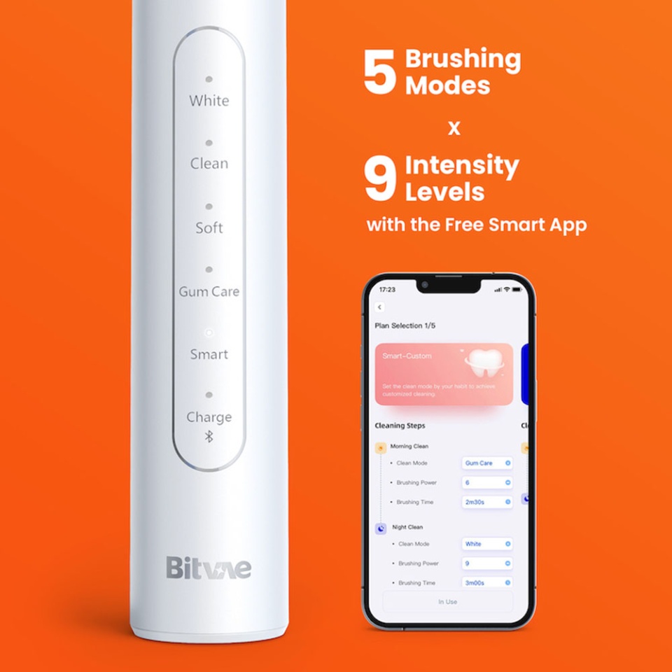 Periuta de dinti electrica inteligenta Bitvae S2, sonica, 5 moduri, 9 niveluri intensitate, 8 capete, 100 zile autonomie, husa calatorie, cu senzor presiune si control prin aplicatie, S2 Smart, Negru - 1 | YEO