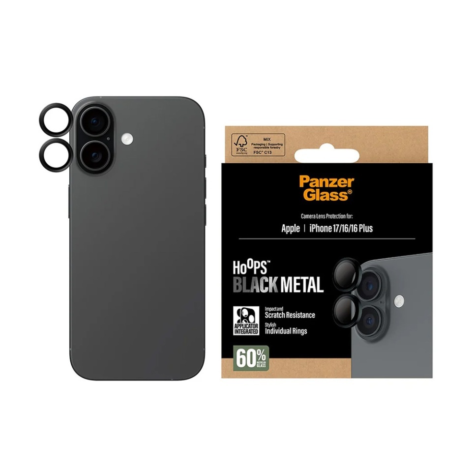 Protectie Camera pentru iPhone 16 / 16 Plus / 17, Hoops PanzerGlass®, cu Separare Optica, Sticla Securizata, Anti-Zgarieturi si Anti-Reflexie, Negru