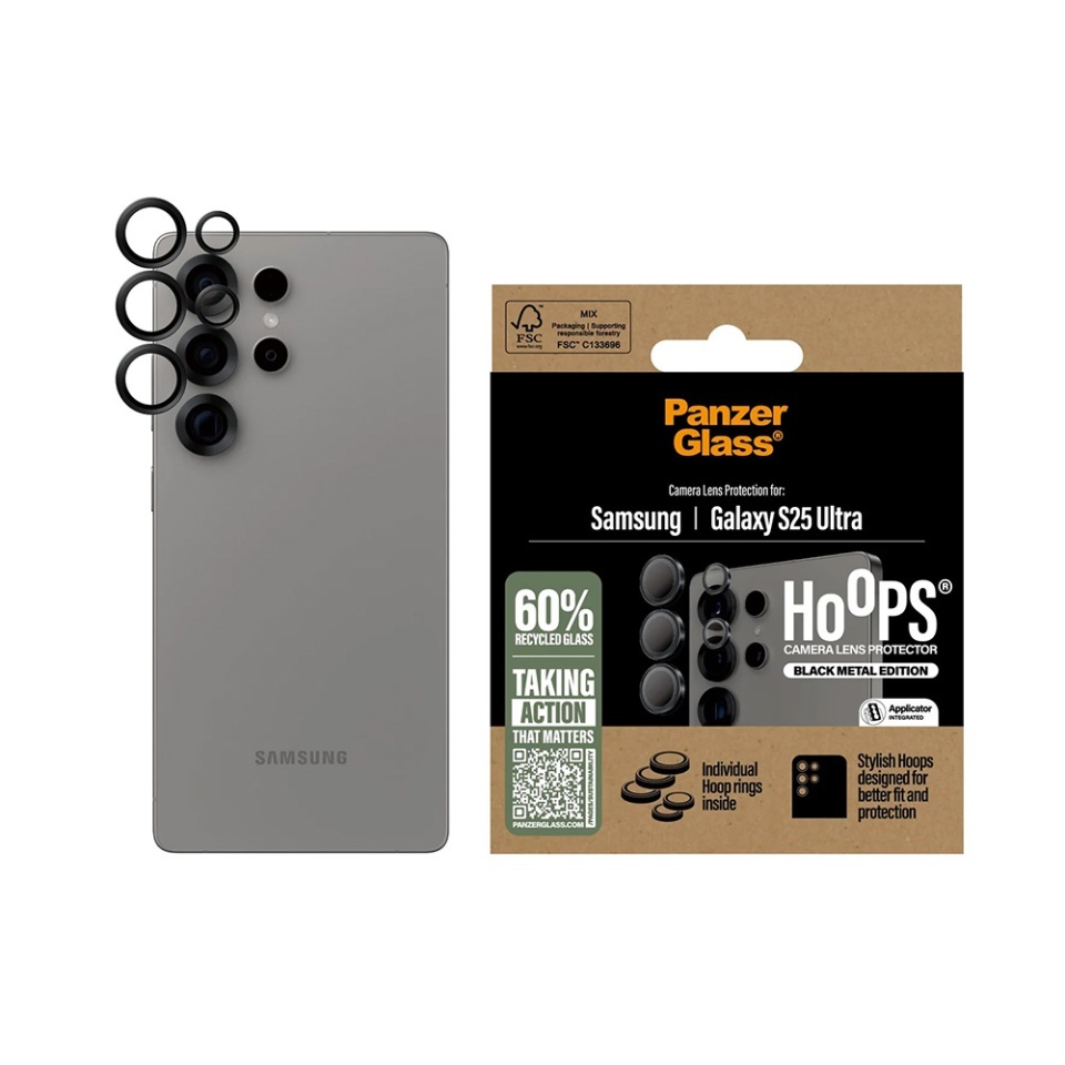 Protectie Camera pentru Samsung Galaxy S25 Ultra, Hoops PanzerGlass®, cu Separare Optica, Sticla Securizata, Anti-Zgarieturi si Anti-Reflexie, Negru