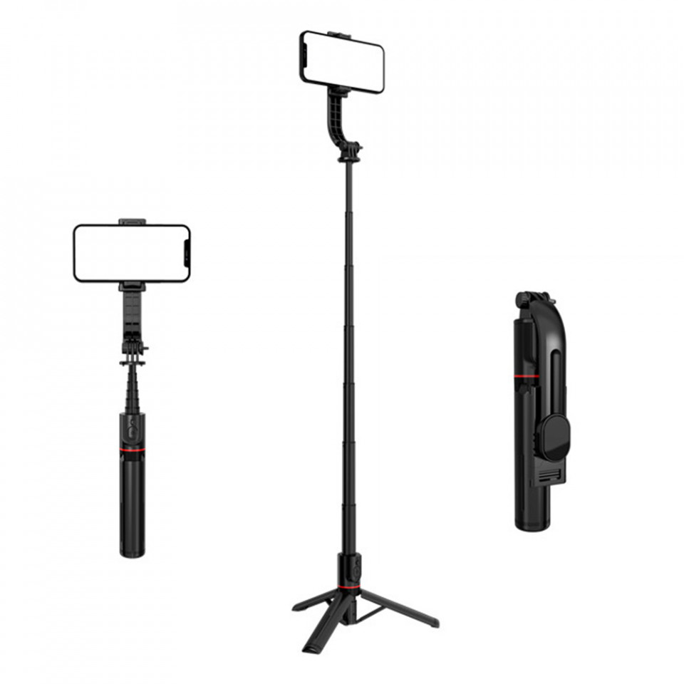 Selfie stick cu trepied si telecomanda Bluetooth, dimensiune 106cm, Skyddar Self - Negru