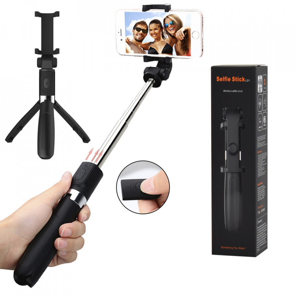 Selfie Stick extensibil cu Trepied si Telecomanda, 70cm, Skyddar Self (SK01) - Negru