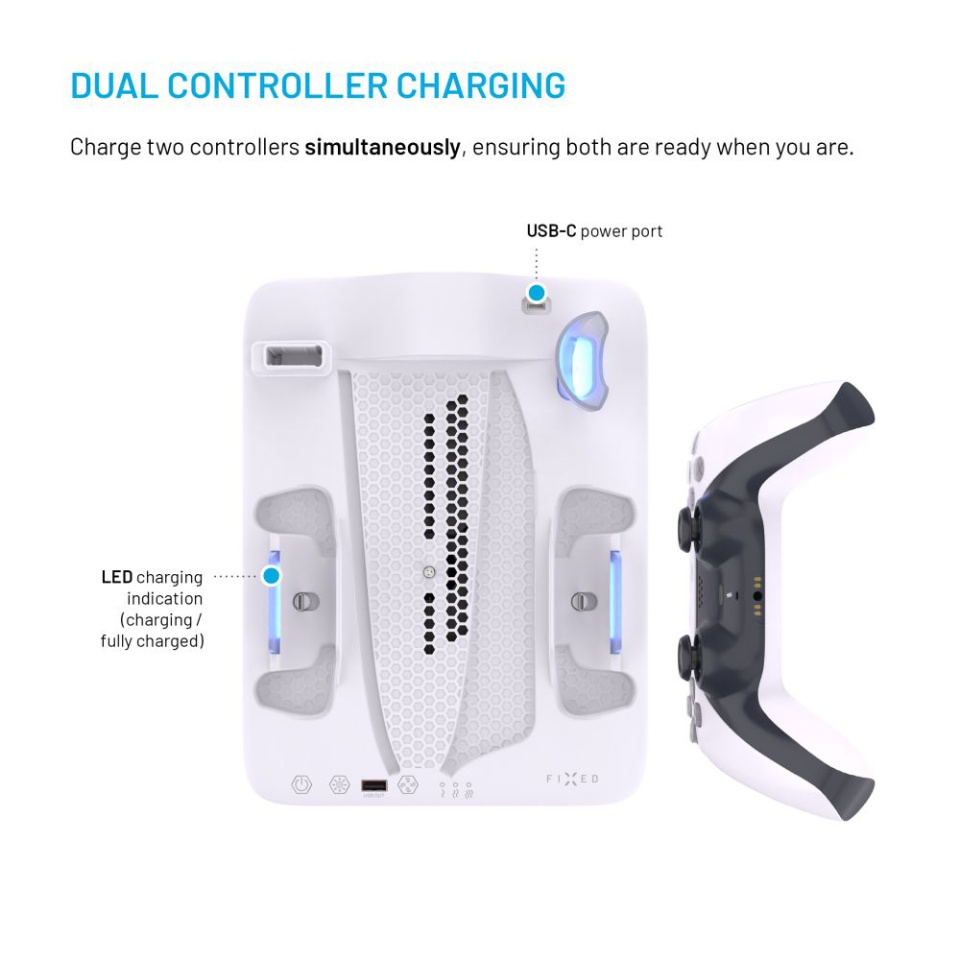 Stand Multifunctional PS5 FIXED FIXPS5PS-MCS-BW, Compatibil Pro/Slim, Incarcare 2 Controllere, Suport Casti, LED RGB, Alb/Negru - 3 | YEO