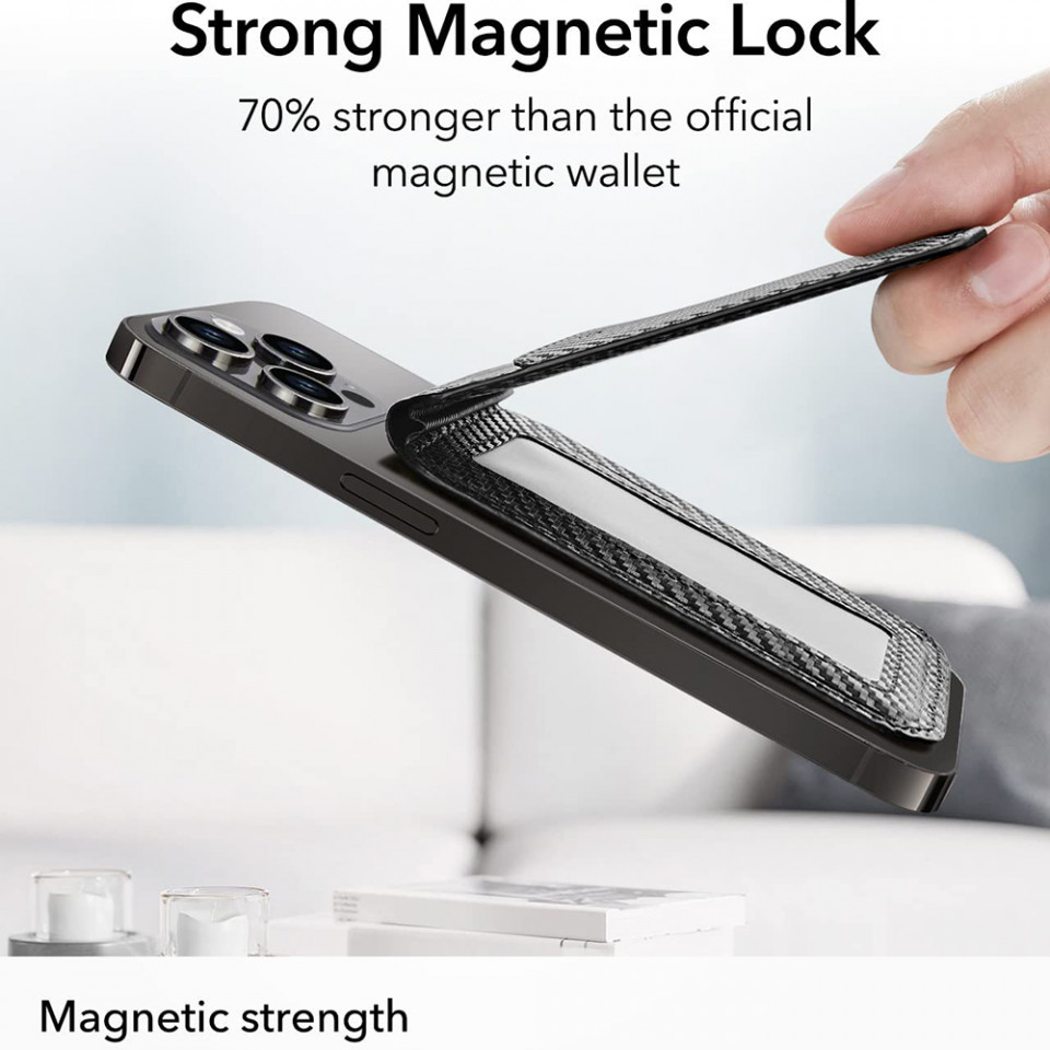 Suport portofel MagSafe, piele ecologica, pliabil, ESR - Fibra Carbon - 2 | YEO