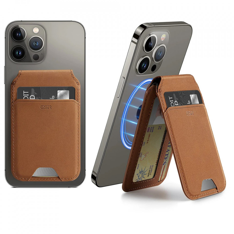 Suport portofel MagSafe, piele ecologica, pliabil, ESR - Tan Suede - 1 | YEO