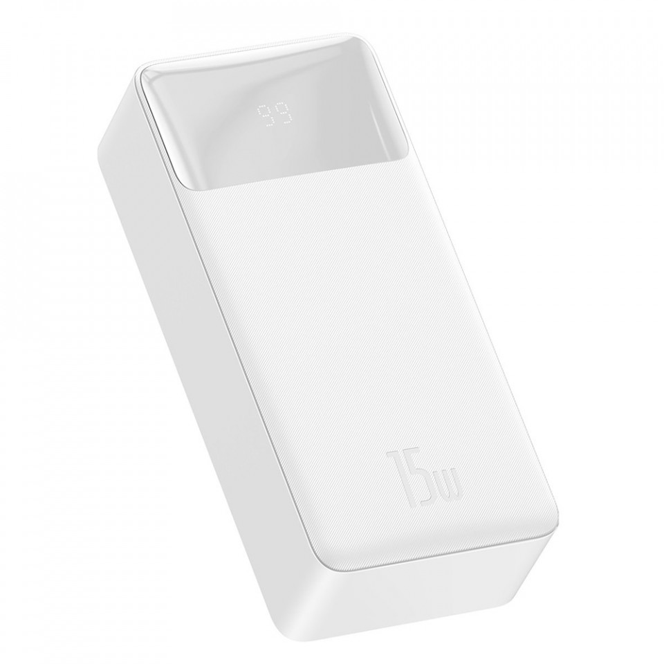 Baterie externa 30000mAh, 2x USB, QC 3.0, 15W, Display Digital, Baseus - Alb