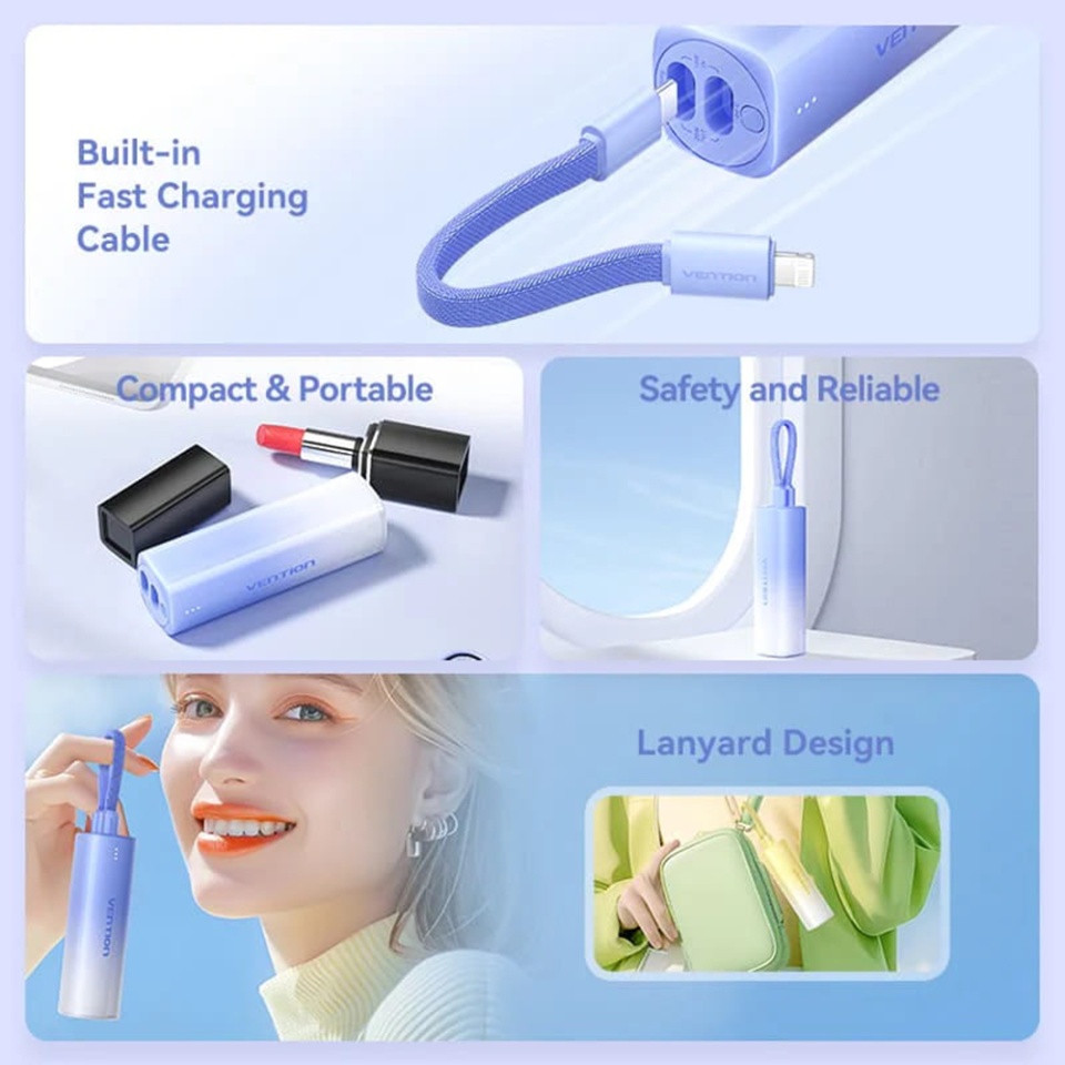 Baterie Externa, Vention, Incarcare Rapida, Type-C, Lightning, Lanyard Design, 20W, Light Indicator, Fast Charging Cable, 5000mAh, FHWM0, Galben - 3 | YEO