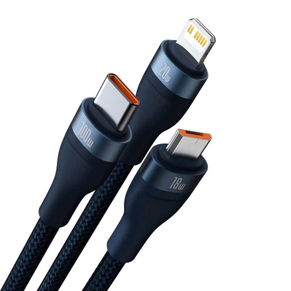 Cablu 3 in 1 Baseus Flash Series 2 CASS, 100W, 1.2m, Albastru - 1 | YEO
