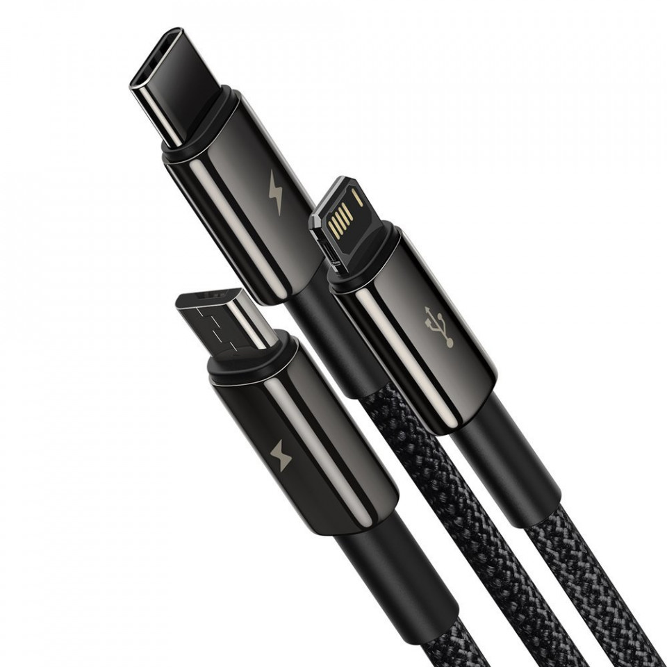 Cablu de date 3in1 USB la Type-C / Lightning / Micro-USB, 3.5A, 1.5m, Baseus Tugsten Gold (CAMLTWJ-01) - Negru - 1 | YEO