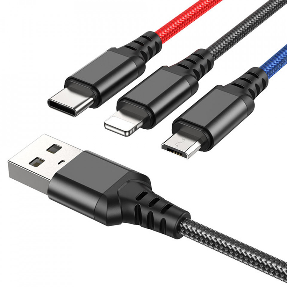 Cablu de Date 3in1 USB la Type-C, Micro-USB, Lightning, Fast Charging 2A, 1m, Hoco - Negru - 3 | YEO