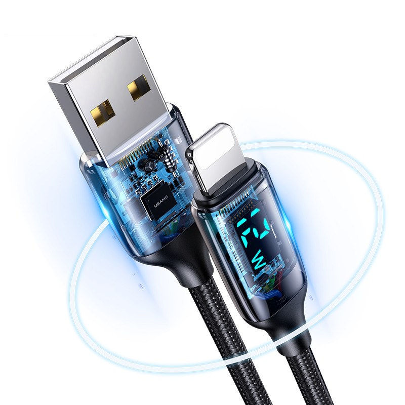 Cablu de date din Nailon cu display, Type-C la Lightning , 12W, 1.2M, Fast Charge, USAMS (US-SJ543) - Negru - 3 | YEO