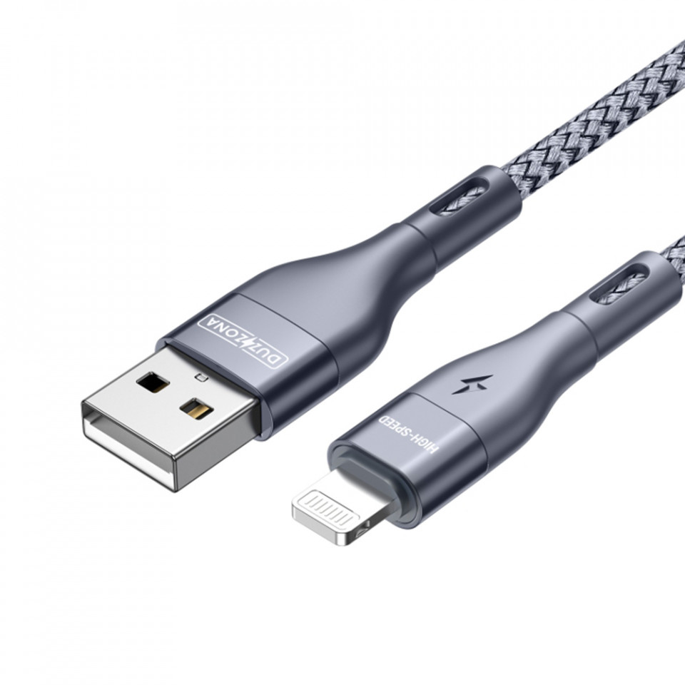 Cablu de Date Lightning Fast Charging 2.4A, 12W, 480Mbps, 2m - Duzzona (A7) - Grey - 1 | YEO