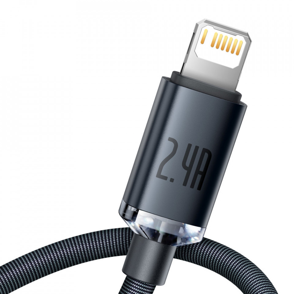 Cablu de date USB la Lightning, 2.4A, 2m, Baseus Crystal Shine (CAJY000101) - Negru - 3 | YEO