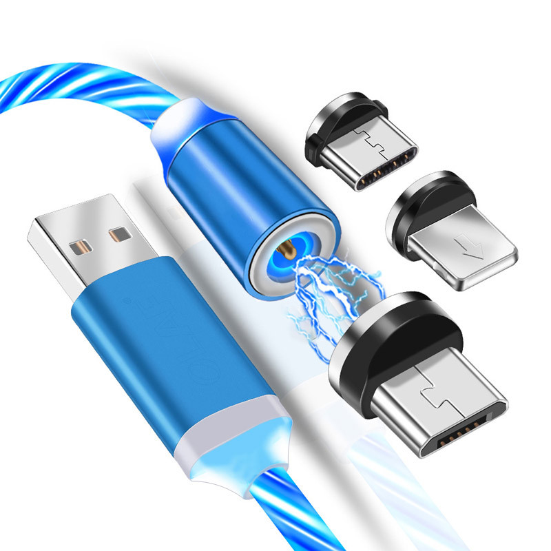 Cablu de Incarcare 3in1 Type-C/Micro USB/Lightning, Magnetic, LED Flowing, 1M - Albastru - 1 | YEO