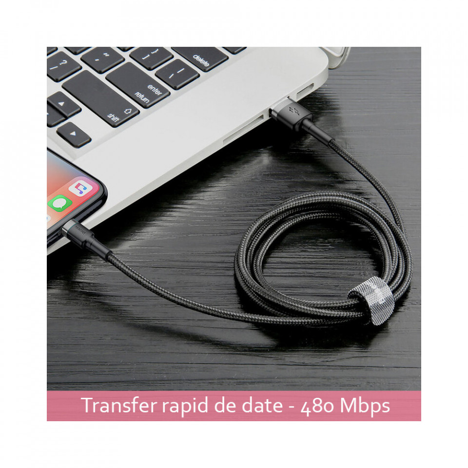 Cablue de date USB la Lightning, 2.4A, 0.5m, Cafule Baseus - Gri Negru - 7