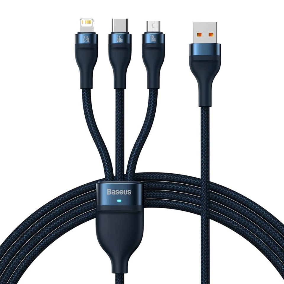 Cablue de Incarcare / Date 3in1 USB la Type-C, Lightning, Micro-USB, 66W, 1.2m, Baseus, Flash Series 2, Albastru