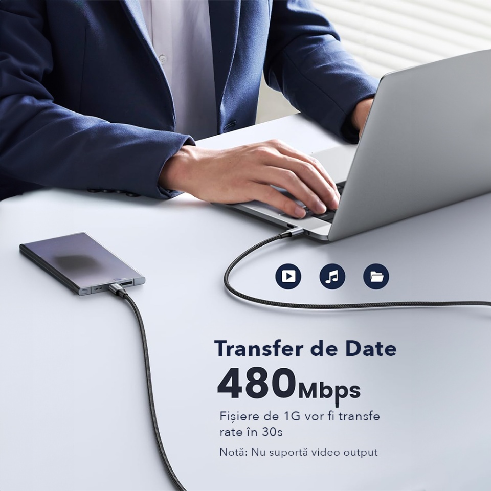 Cablul USB-C la USB-C, Super Fast Charging PD 100W, 480Mbps, Compatibil cu MacBook Pro, iPhone 15, Samsung Galaxy S24/S23/S22, iPad Pro 2022, Dell XPS, Huawei Mate 60, Switch, Pixel 8 Pro, 1m - Negru - 2 | YEO